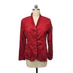 Eileen Fisher Jacket Womens Small‎ Red Linen Blend Open Front Peplum Blazer